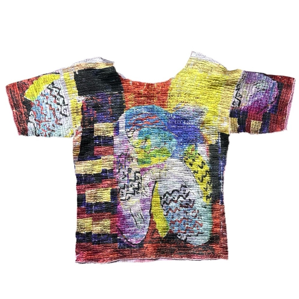 Multicolor Graphic Crinkle Short Sleeve Blouse - Picture 2 of 5